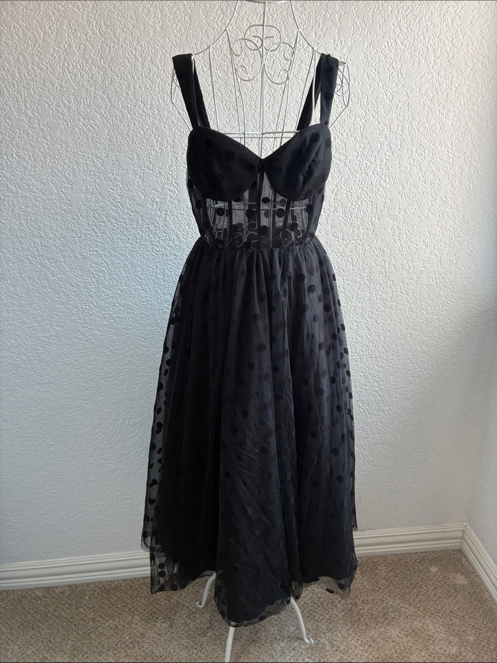 Ieena for Mac Duggal Polka Dot Tulle A-Line Midi Dress Black 4 - Picture 5 of 11